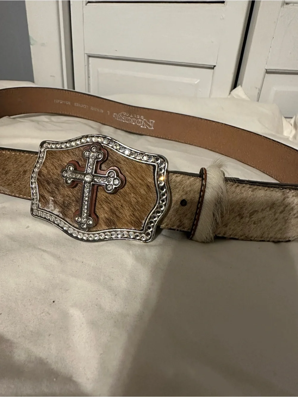 Nocona Calf Hair Belt Western Bling Cowgirl Cross Rhinestone Buckle L